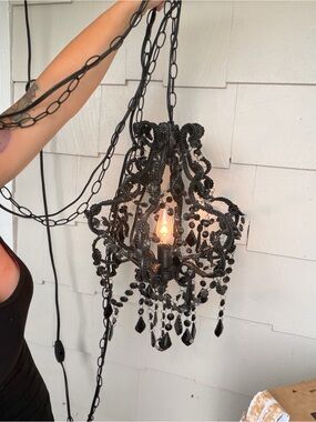 Vintage Black Beaded Mini Chandelier Pendant Light - Unbranded